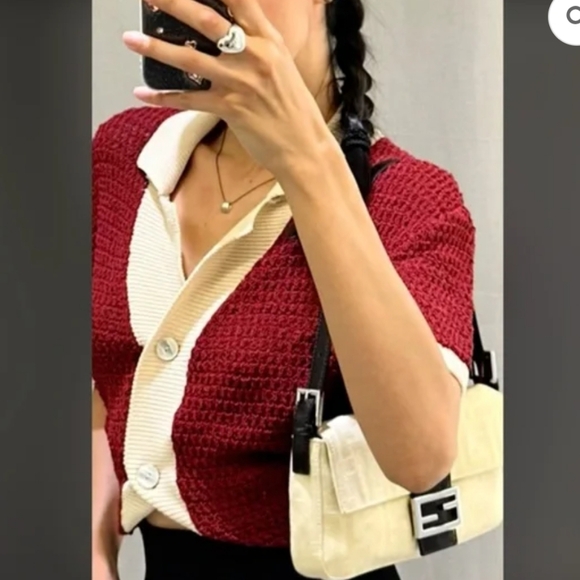 Zara Knit Burgandy And Cream Women's Button Short Sleeve Cardigan Sz S/M - Picture 2 of 10